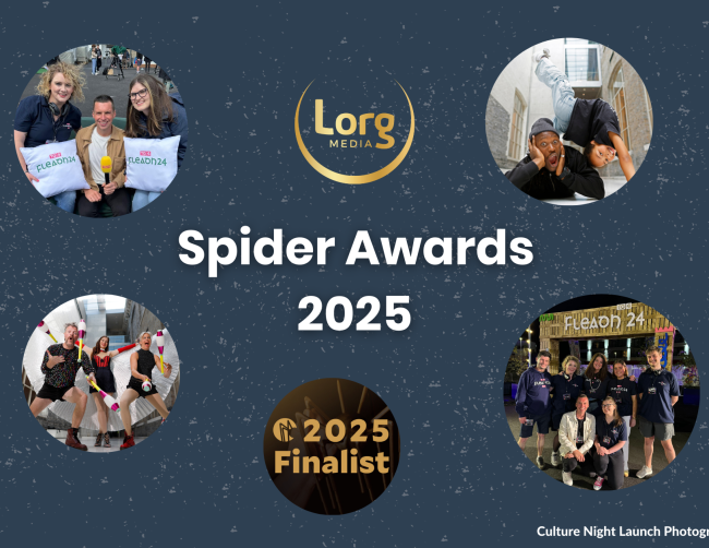 Decorative background surrounding the title 'Spider Awards 2025' with the Lorg Media logo overhead, surrounded by 5 bubble shaped phots of dancers, performers, and the smiling Lorg Media Team