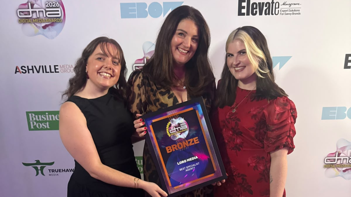 Creative Agency team Lorg Media posing with their bronze award at the Digital Media Awards